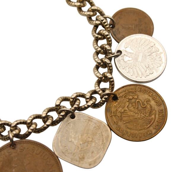 Vintage 9 Coin Charm Bracelet Austria India Africa Mexico British 7" - Hey Viv - Picture 3 of 5